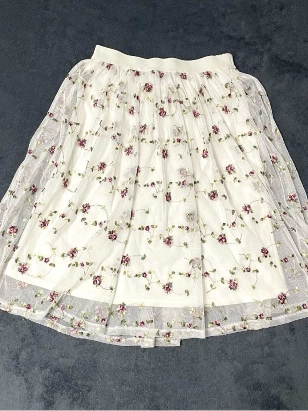 Womens Whimsical Fairy Skirt White Embroidered Floral Layered Mesh Tulle Medium